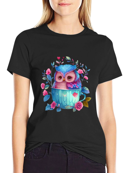 Owl in Teacup Graphic Tee - Cute Bird T-Shirt