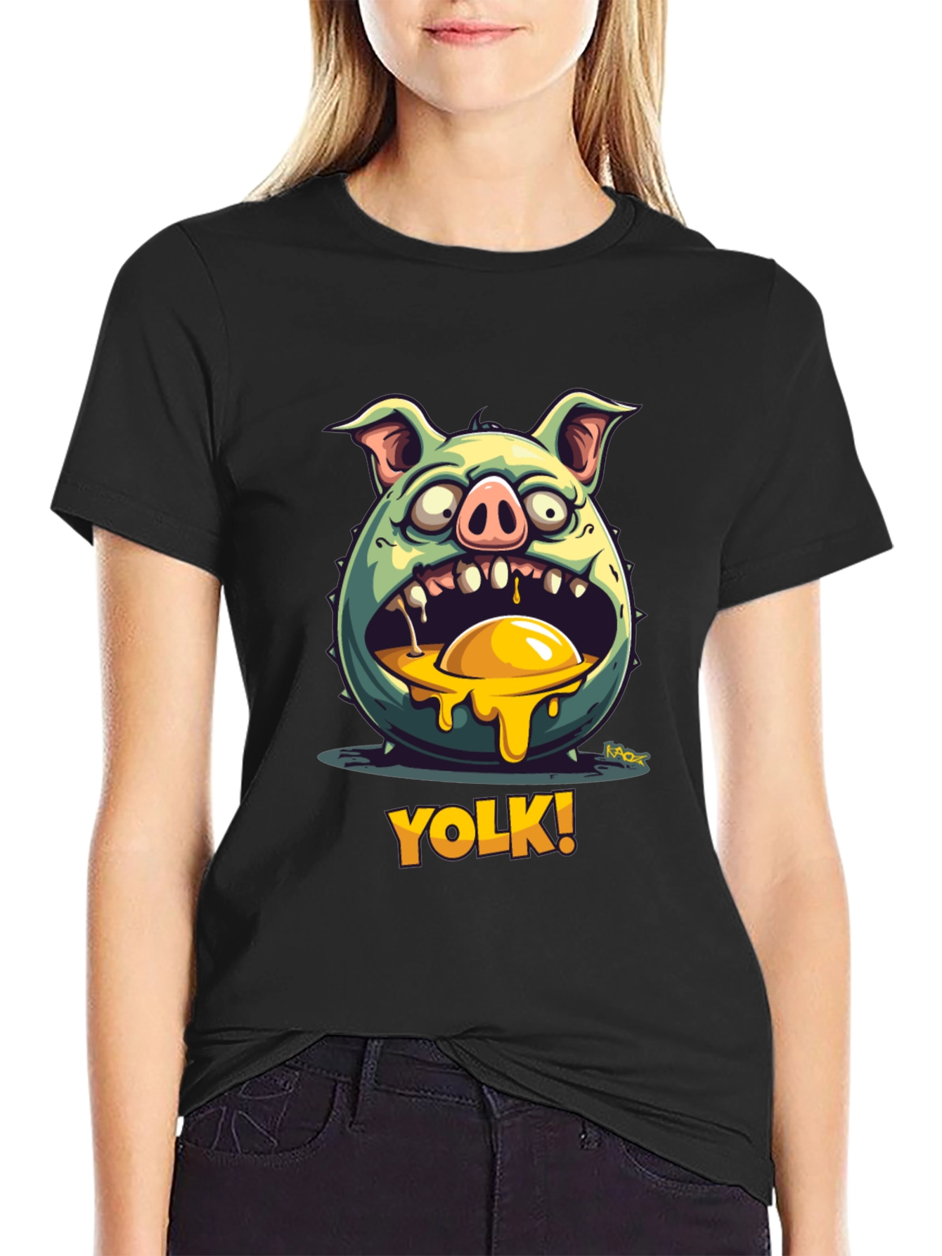 YOLK! Funny Pig-Egg Graphic Black T-Shirt