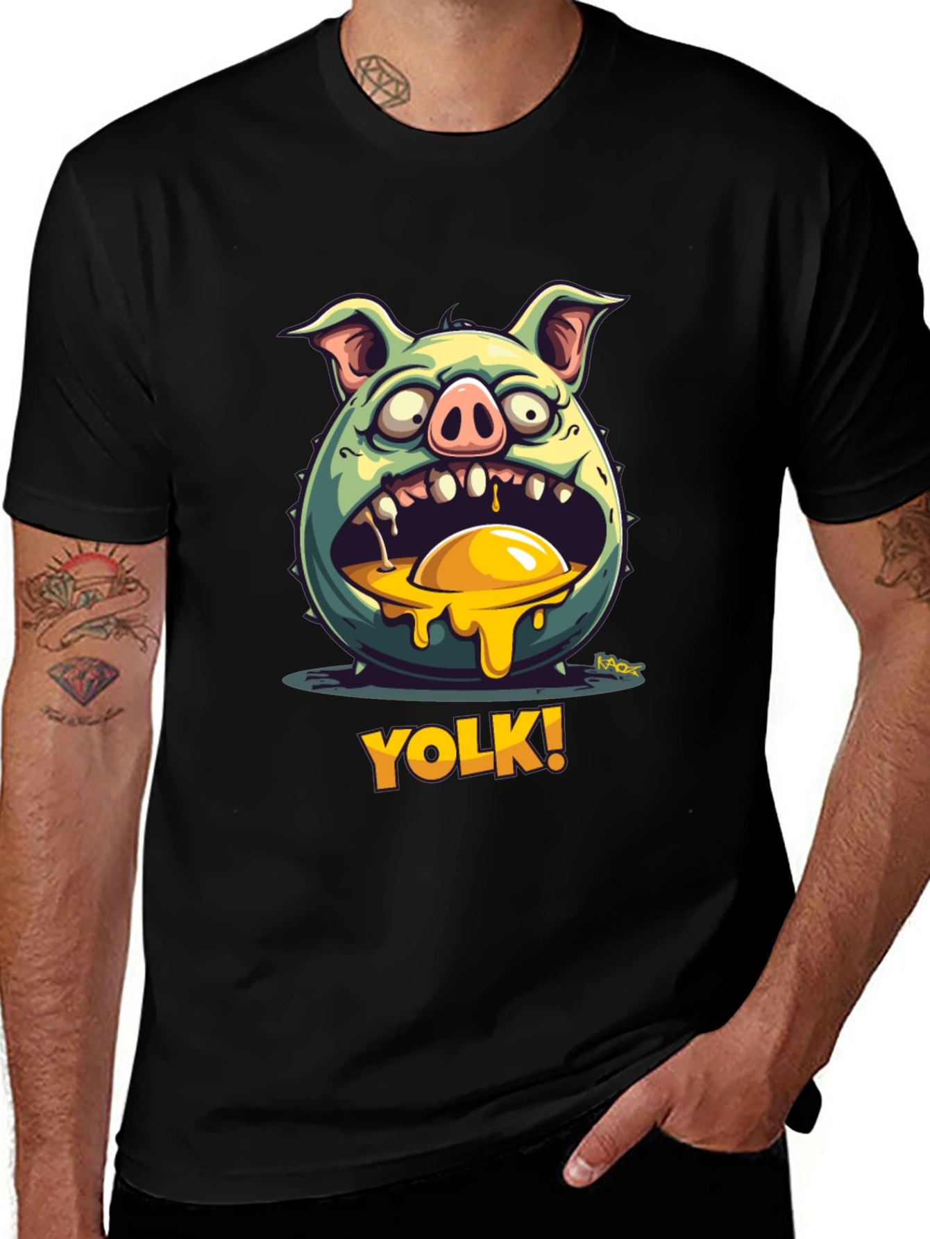 YOLK! Funny Pig-Egg Graphic Black T-Shirt