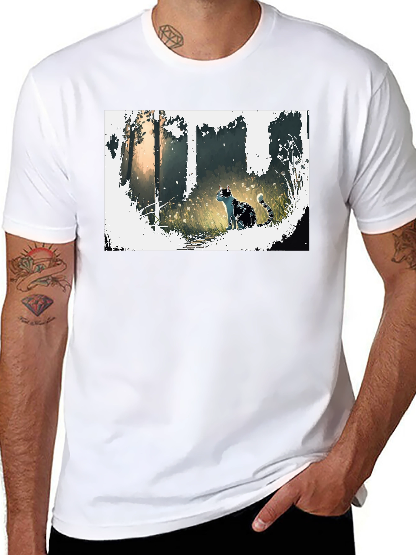 Nature Cat Graphic Tee - Stylish Black T-Shirt