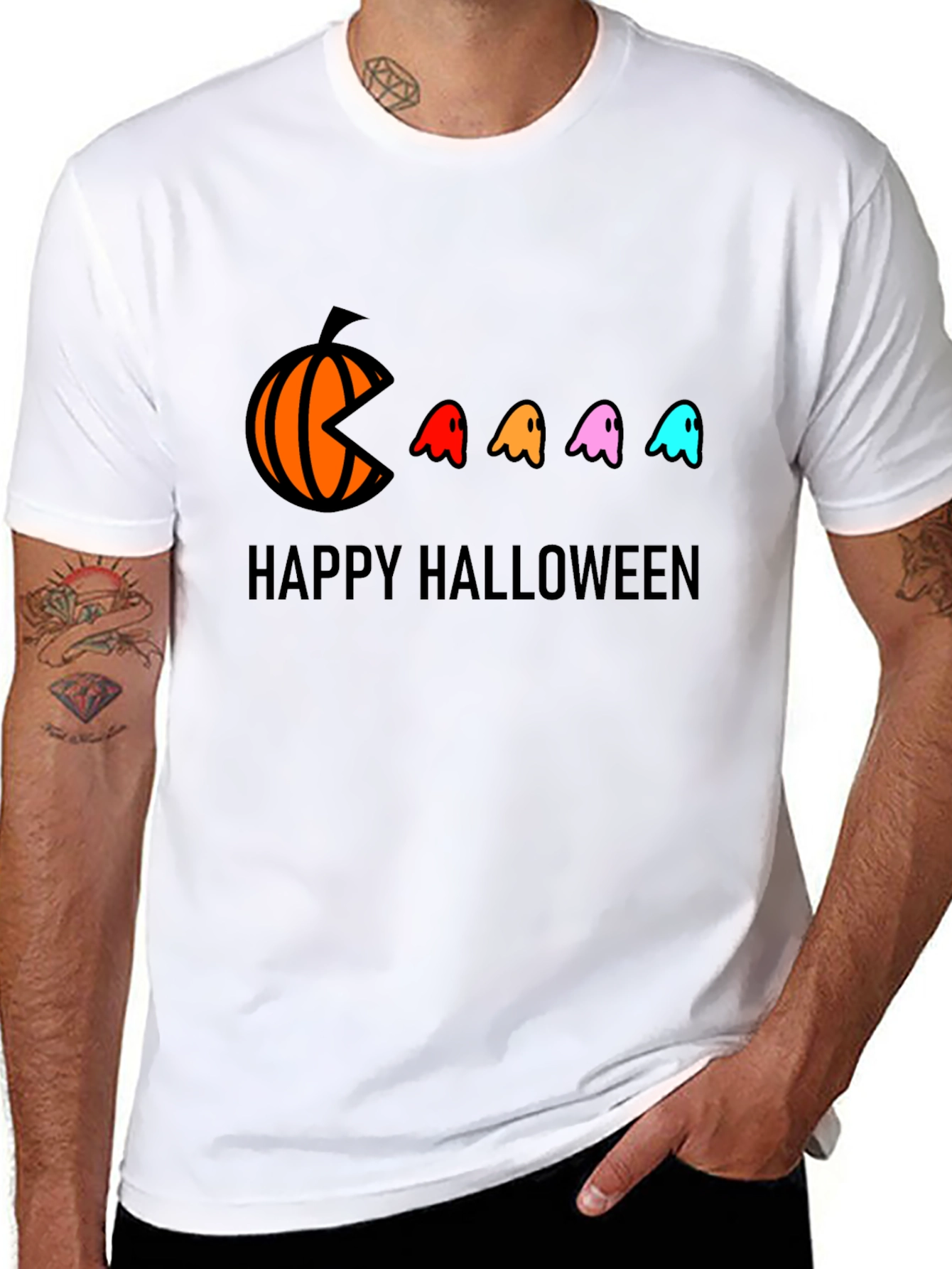 Happy Halloween T-Shirt - Pumpkin Pacman Ghost Design