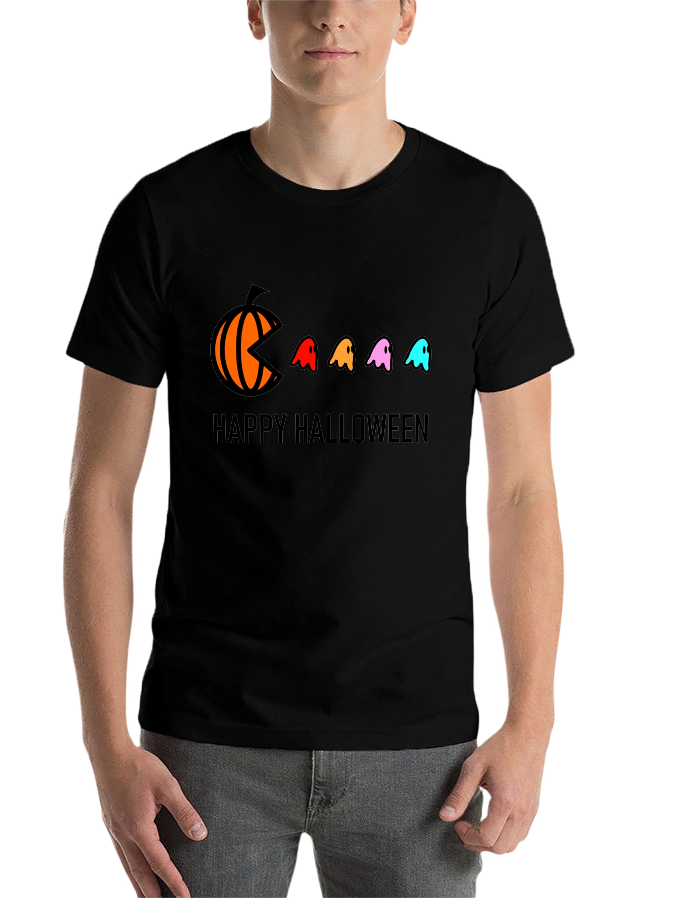 Happy Halloween T-Shirt - Pumpkin Pacman Ghost Design