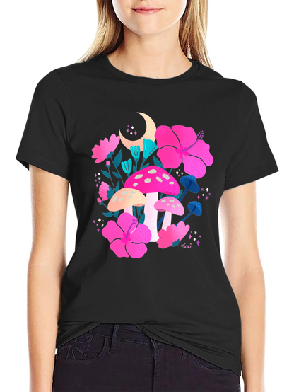 Floral Mushroom Graphic Tee - Trendy Black T-Shirt