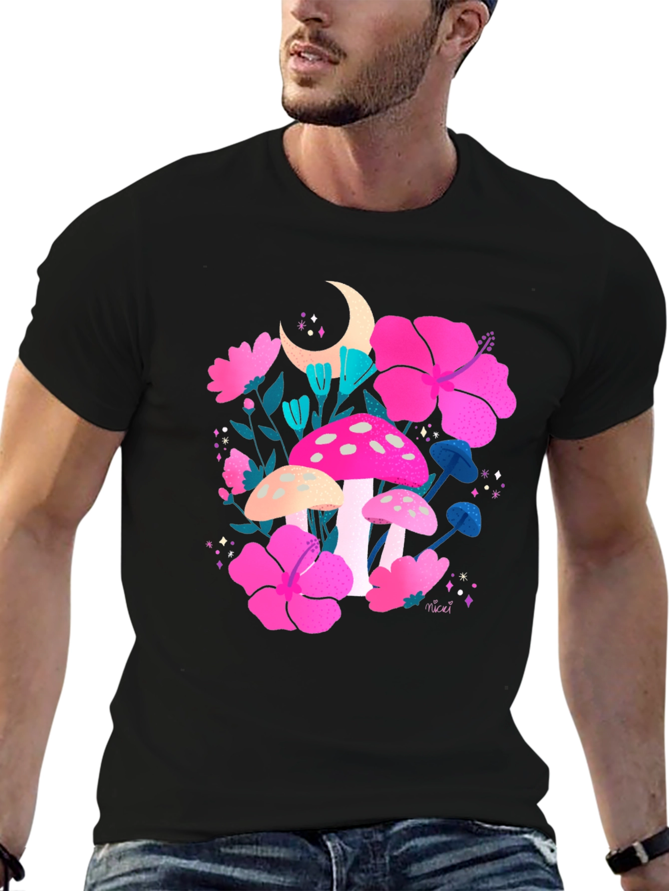 Floral Mushroom Graphic Tee - Trendy Black T-Shirt