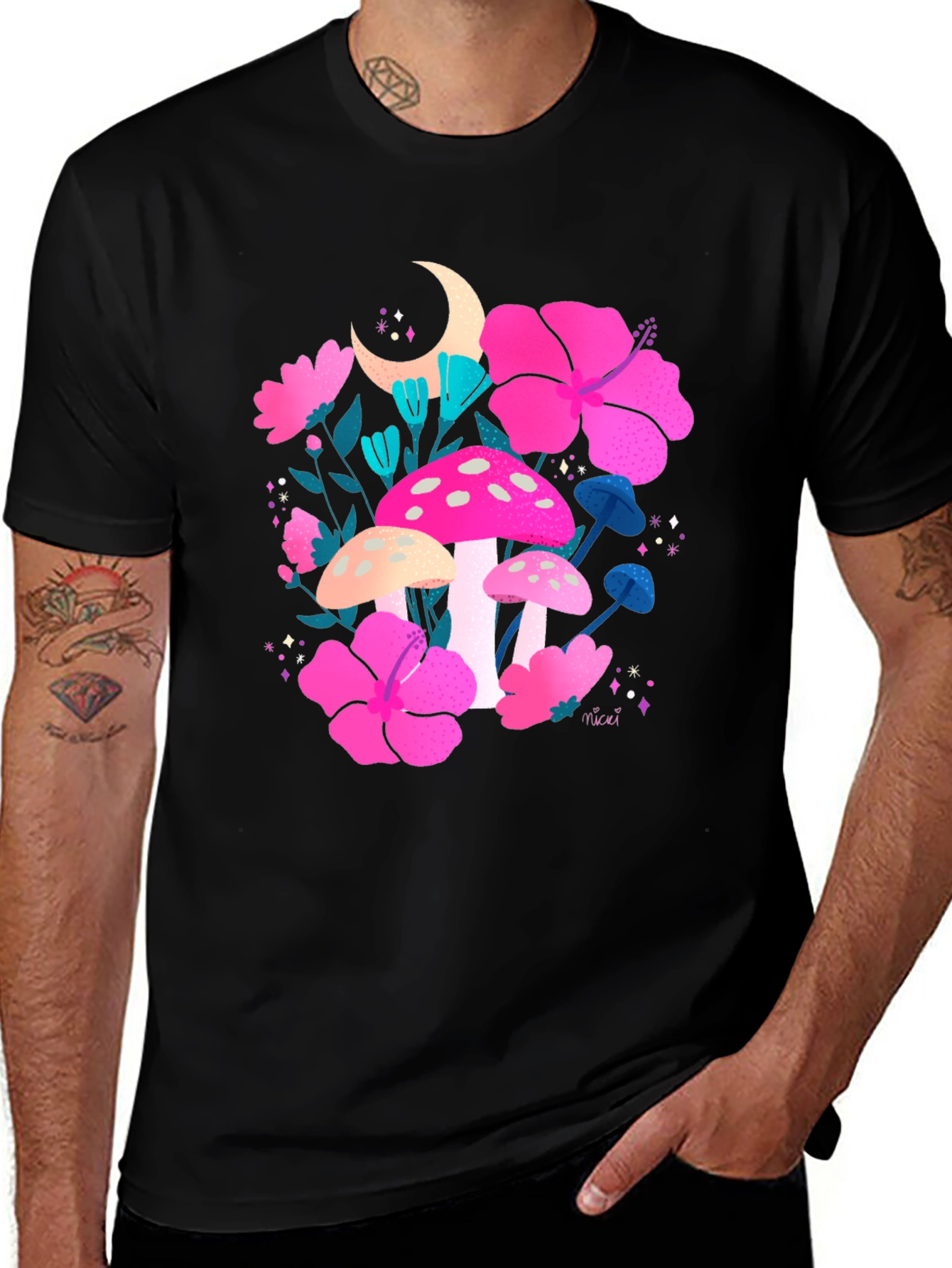 Floral Mushroom Graphic Tee - Trendy Black T-Shirt