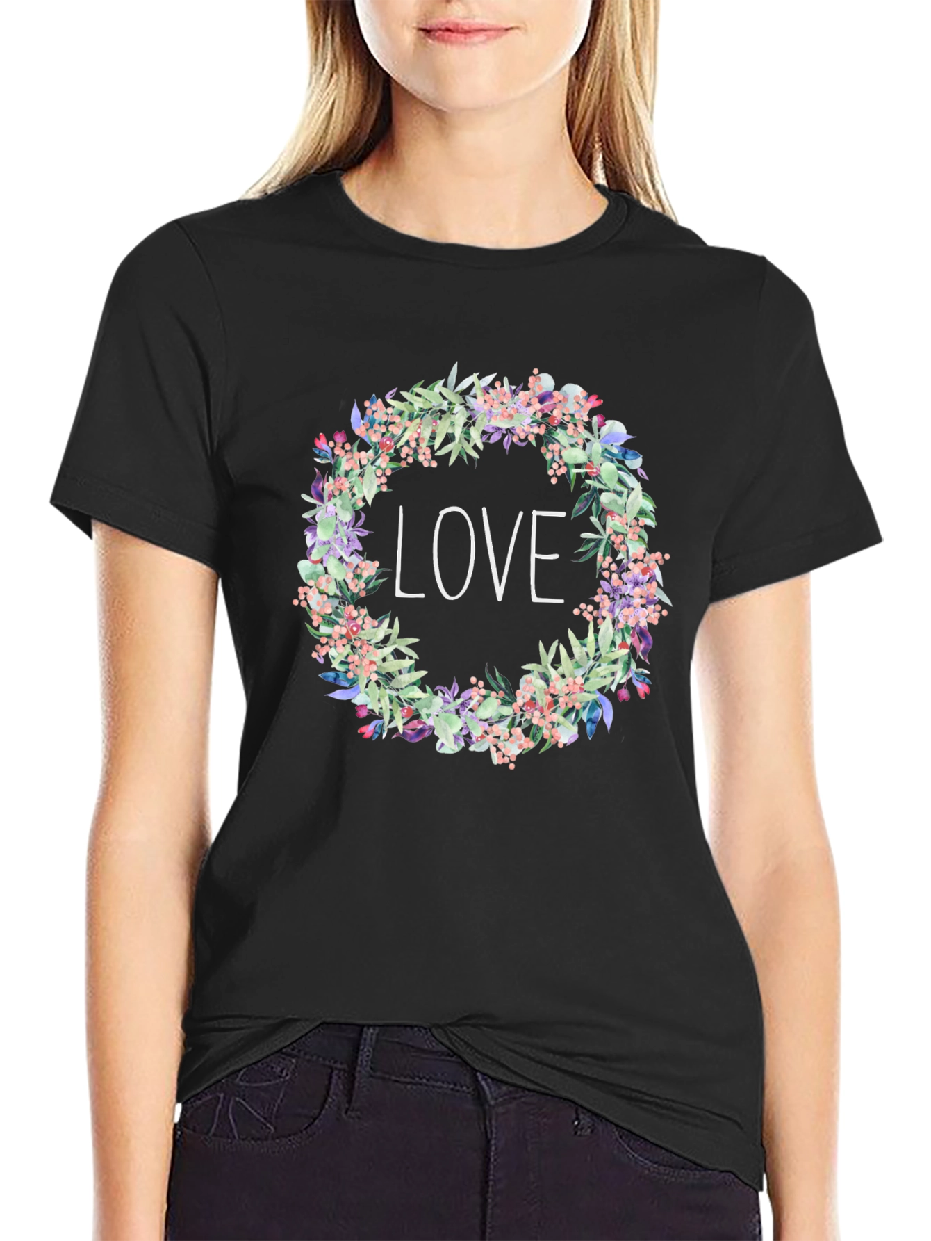 Floral Love Wreath Black T-Shirt