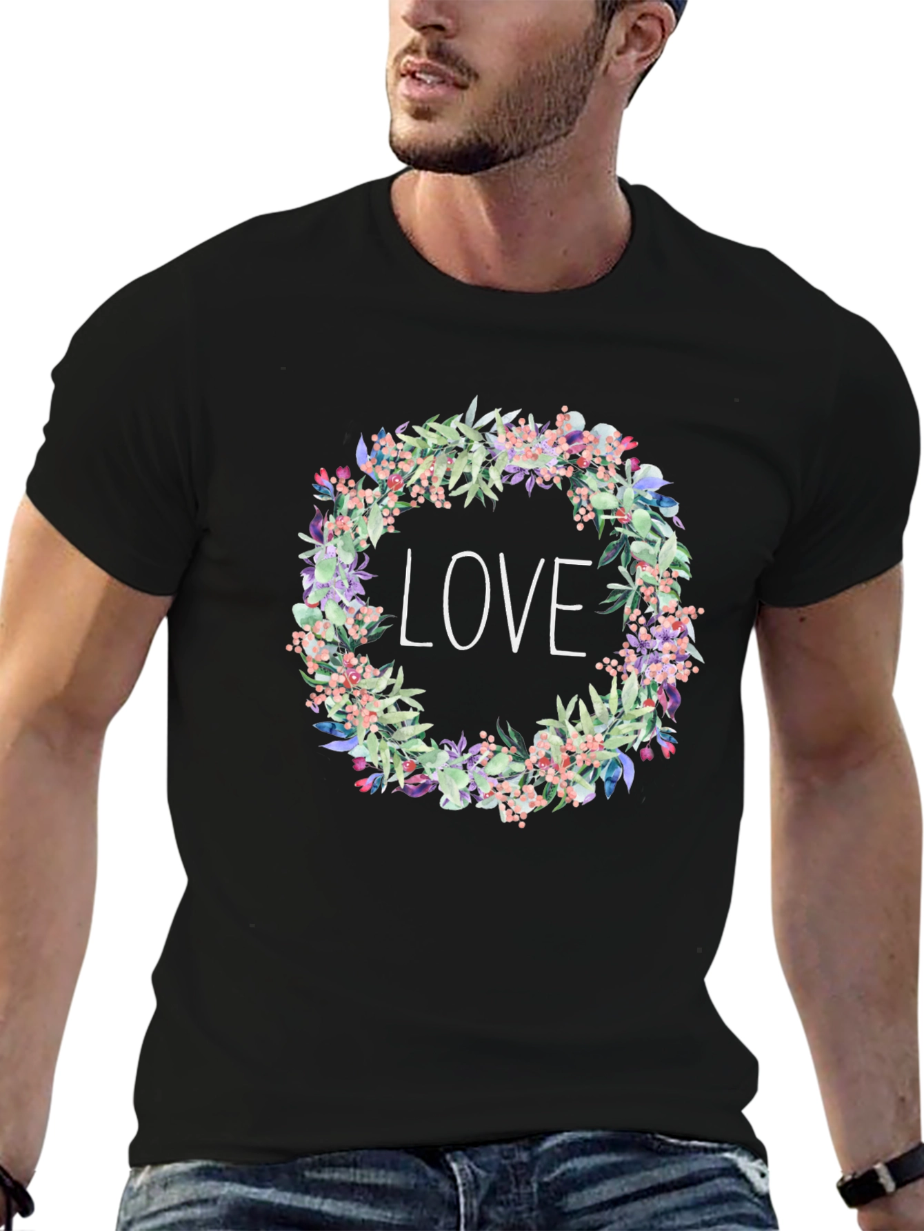 Floral Love Wreath Black T-Shirt