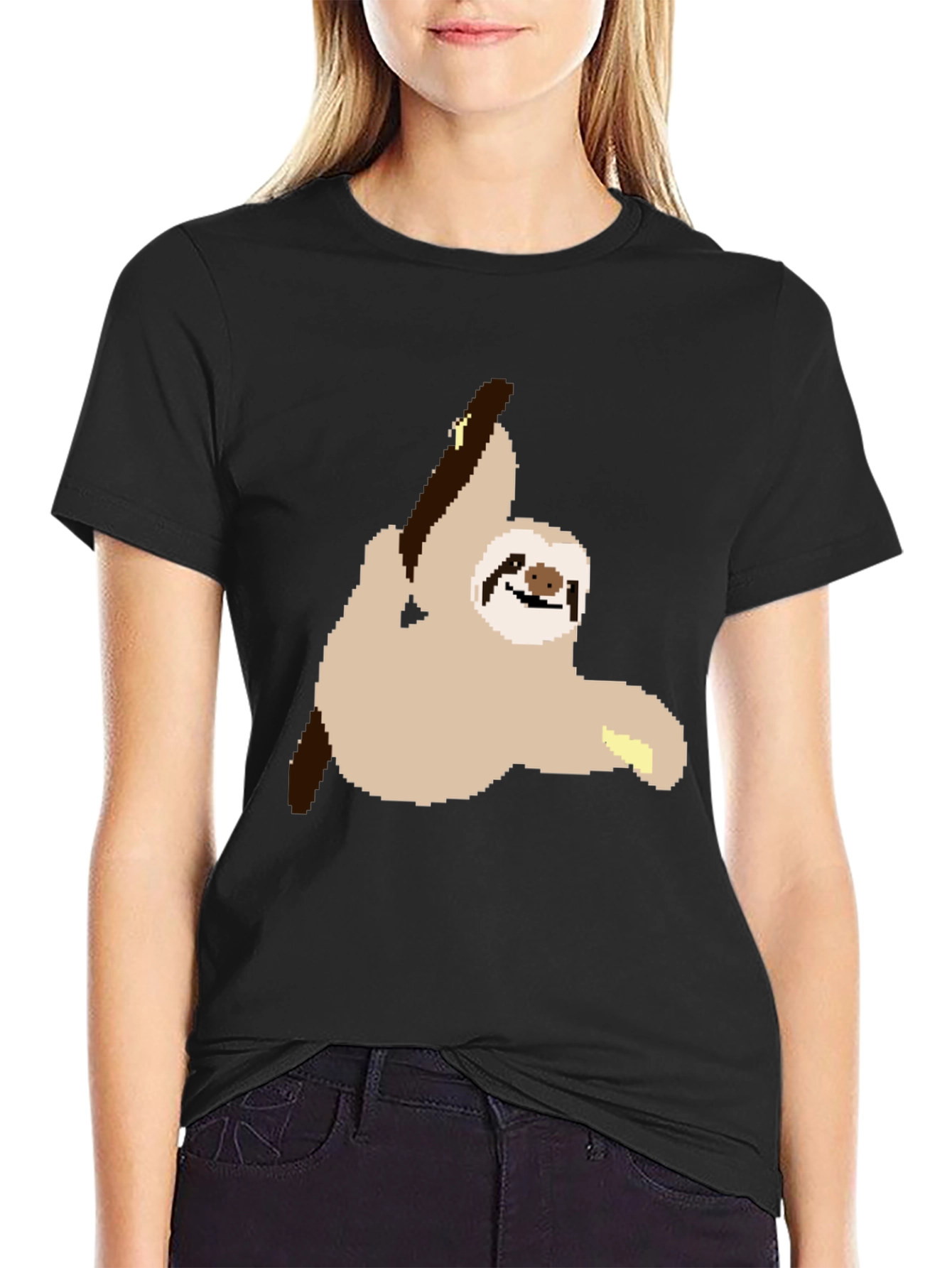 Pixel Sloth on Black T-Shirt