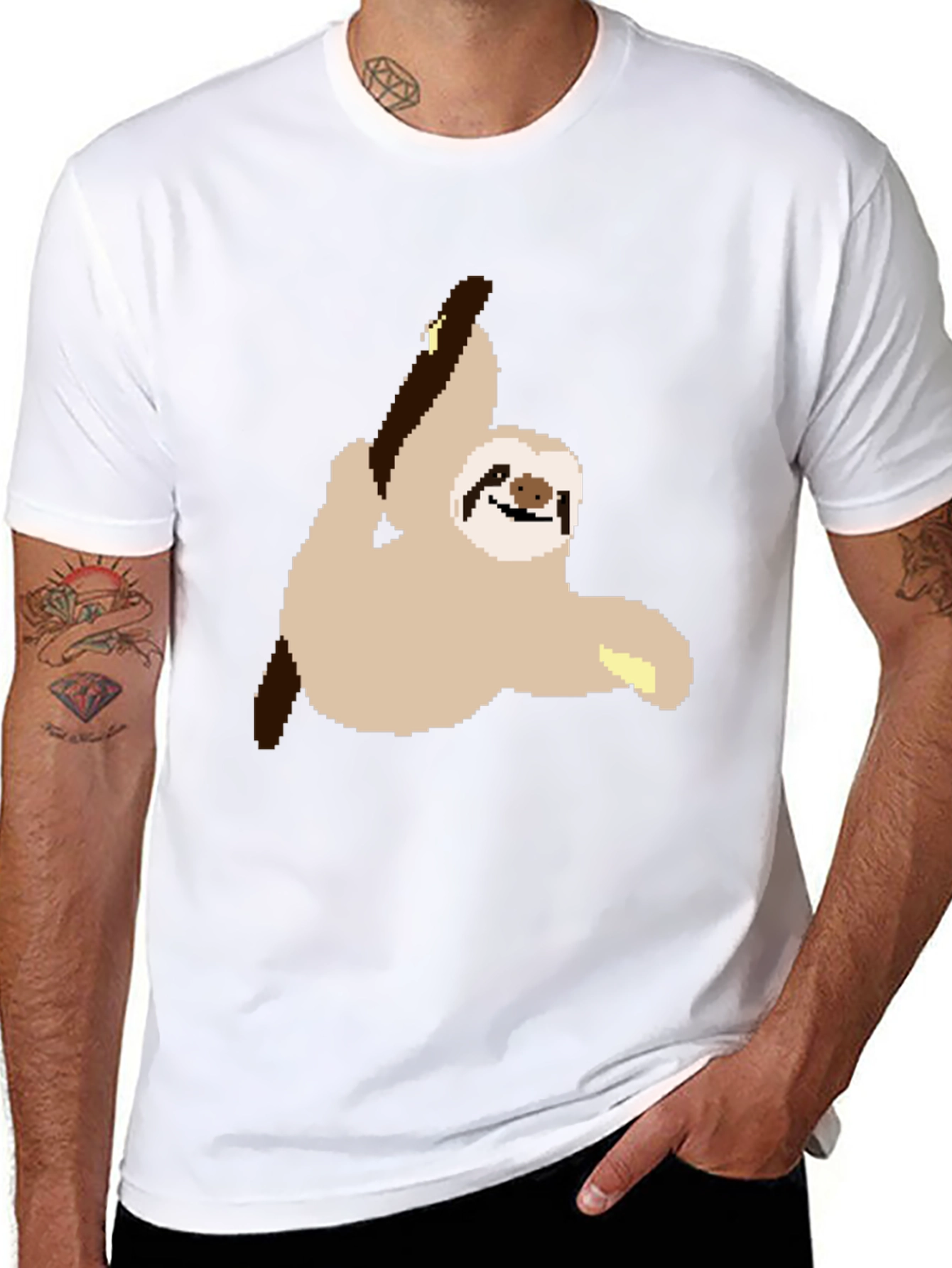 Pixel Sloth on Black T-Shirt