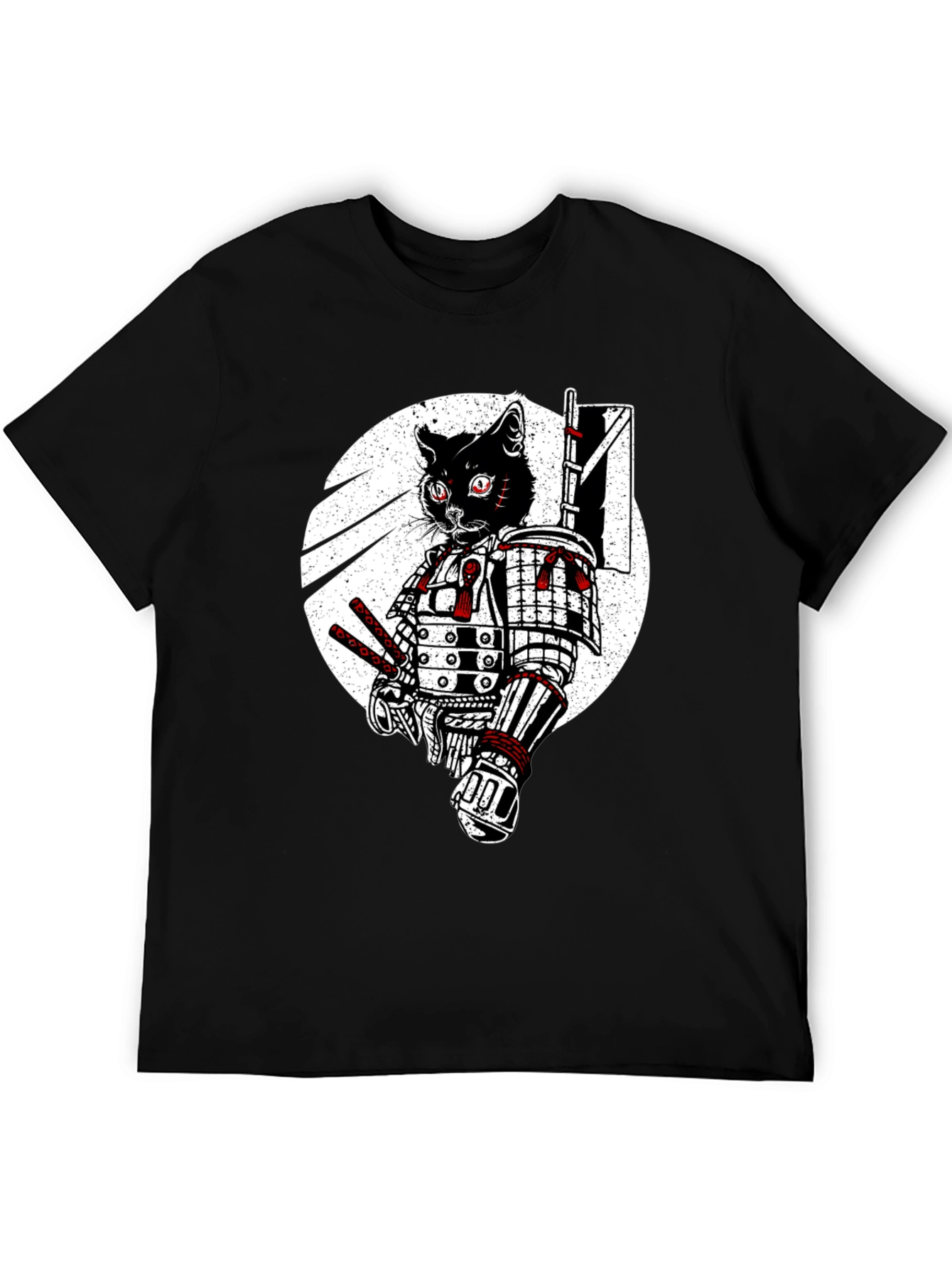 Samurai Cat Graphic Tee - Black Cotton T-Shirt