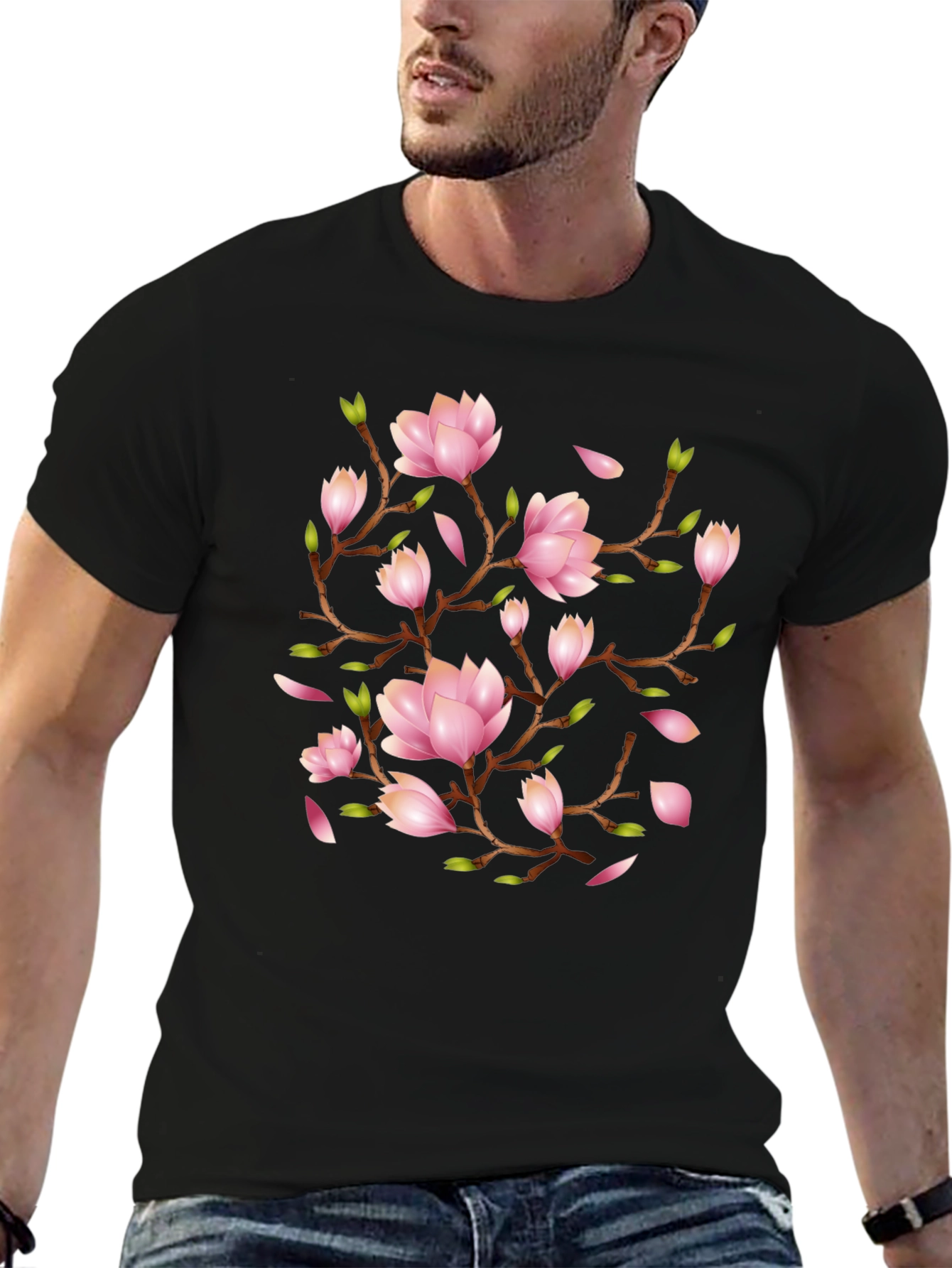 Floral Magnolia Branch Black T-Shirt