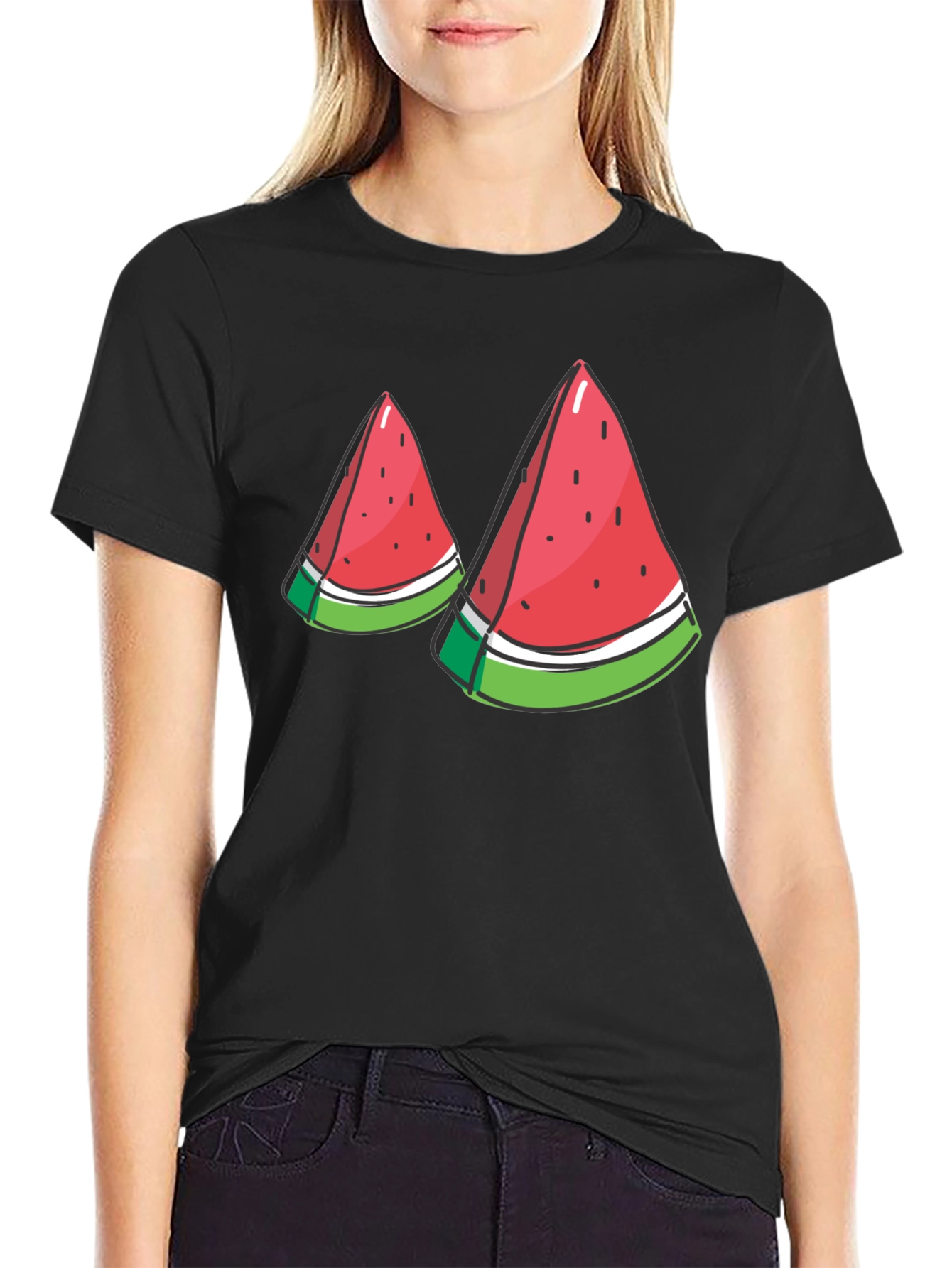 Watermelon Slice Graphic Tee - Black Cotton T-Shirt