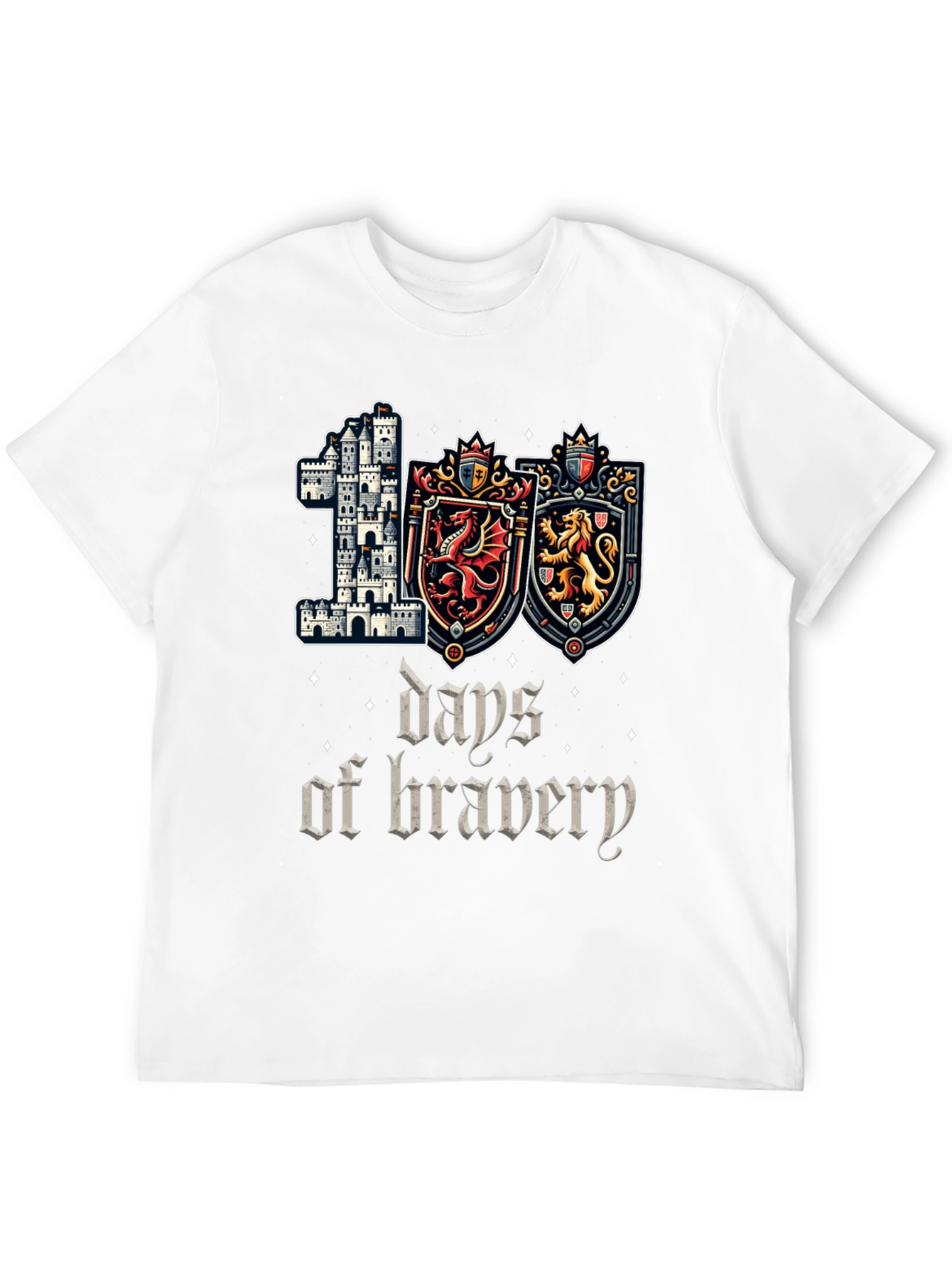 100 Days of Bravery T-Shirt Medieval Castle Shield Dragon Lion