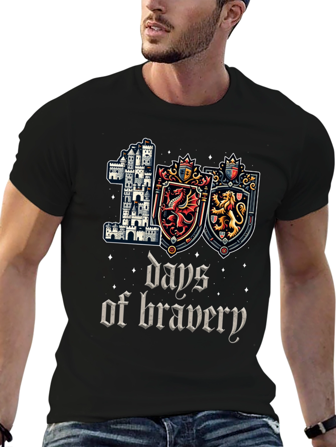 100 Days of Bravery T-Shirt Medieval Castle Shield Dragon Lion