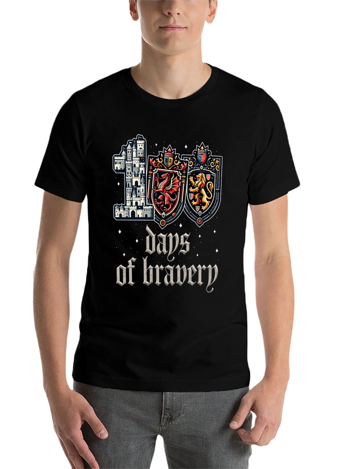 100 Days of Bravery T-Shirt Medieval Castle Shield Dragon Lion