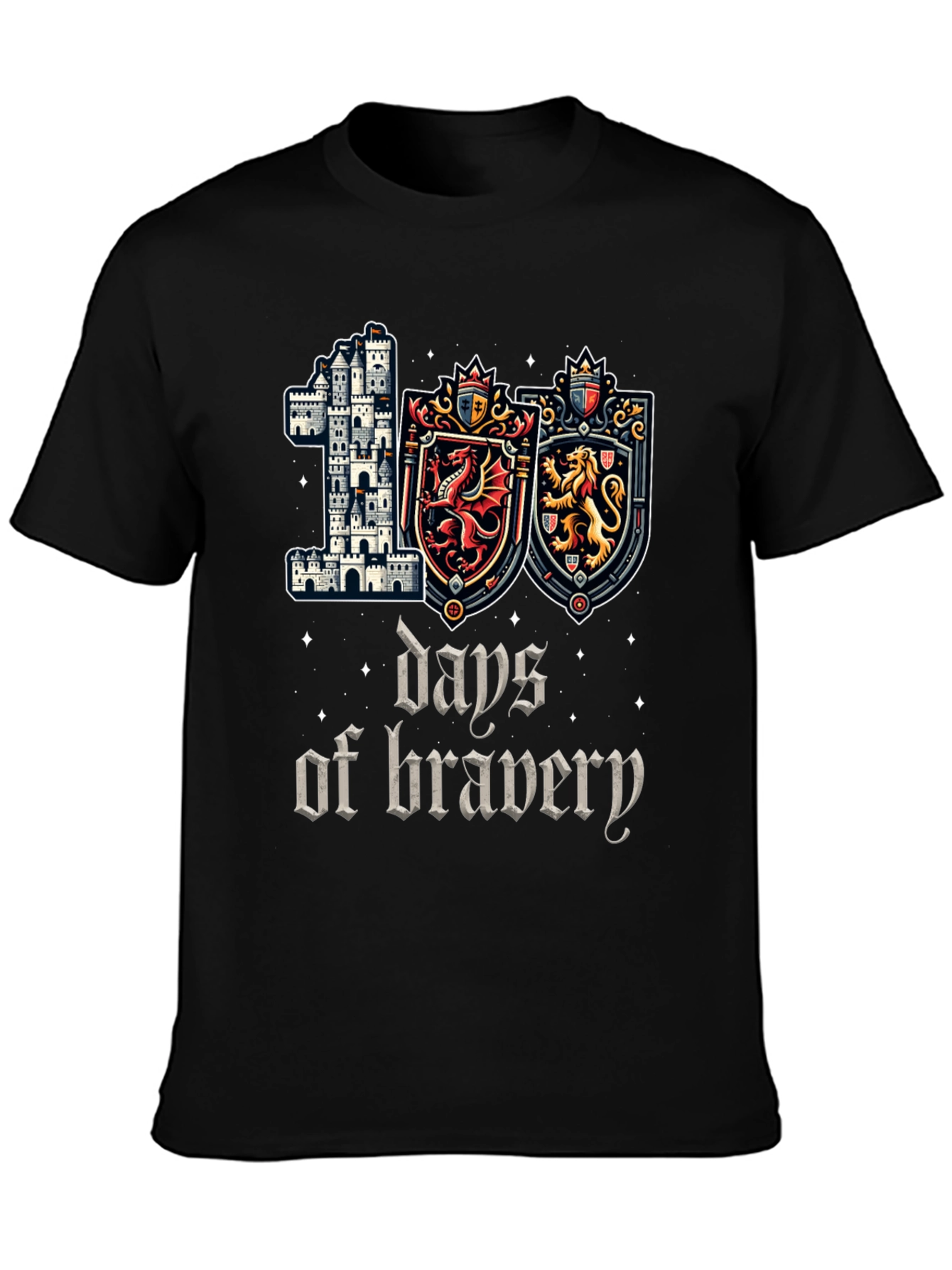 100 Days of Bravery T-Shirt Medieval Castle Shield Dragon Lion