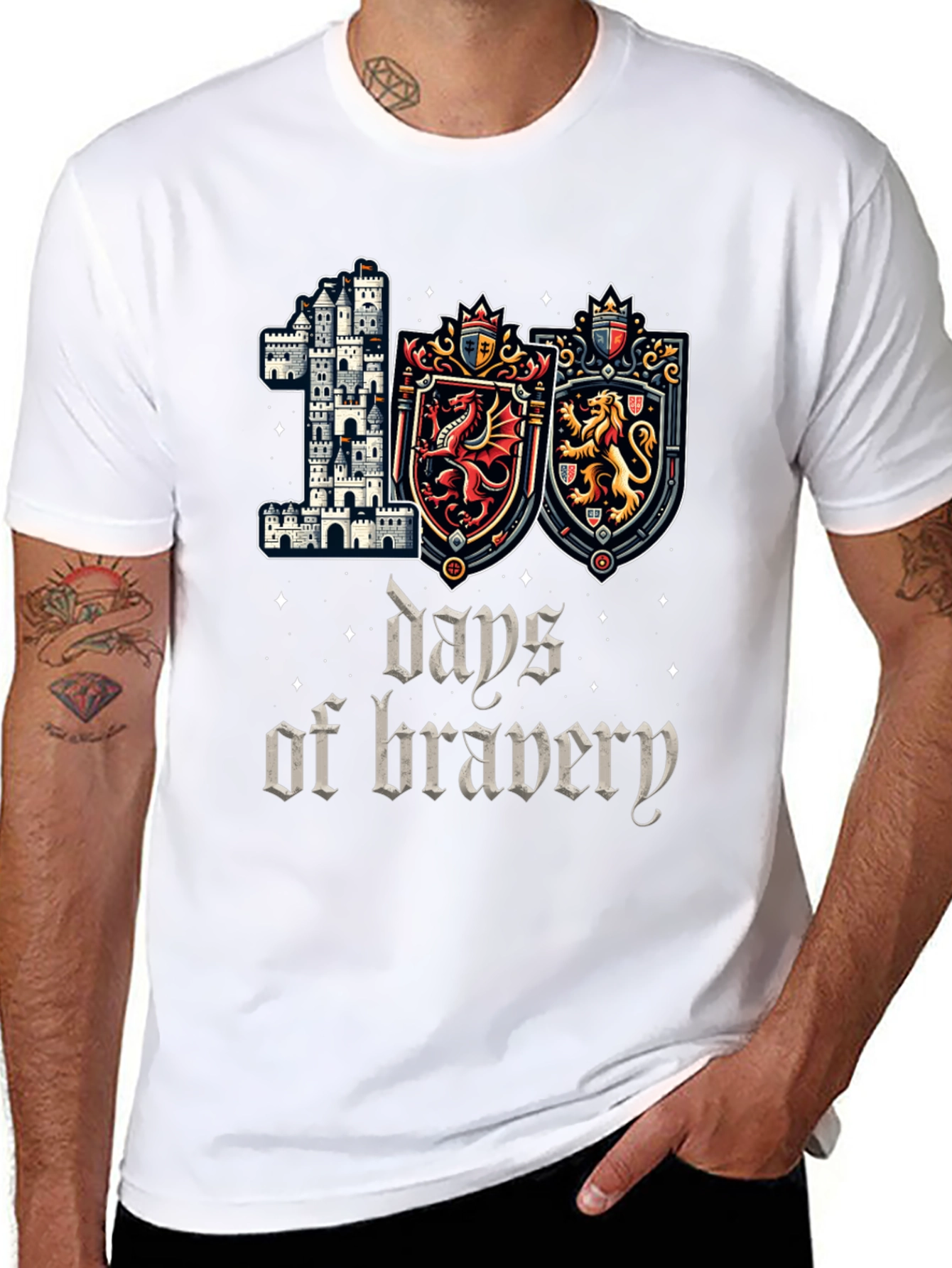 100 Days of Bravery T-Shirt Medieval Castle Shield Dragon Lion