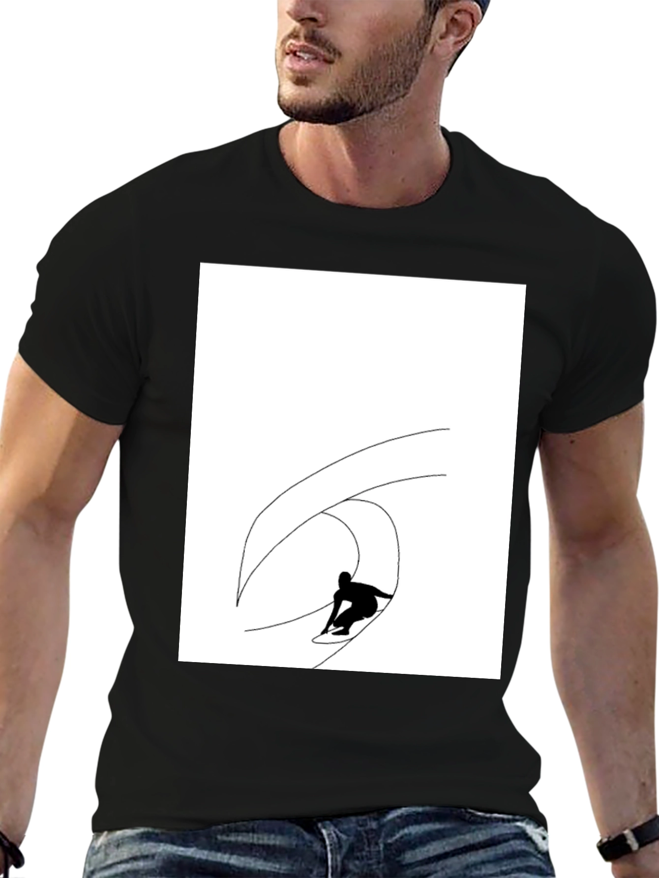 Black T-Shirt with Surfing Wave Graphic