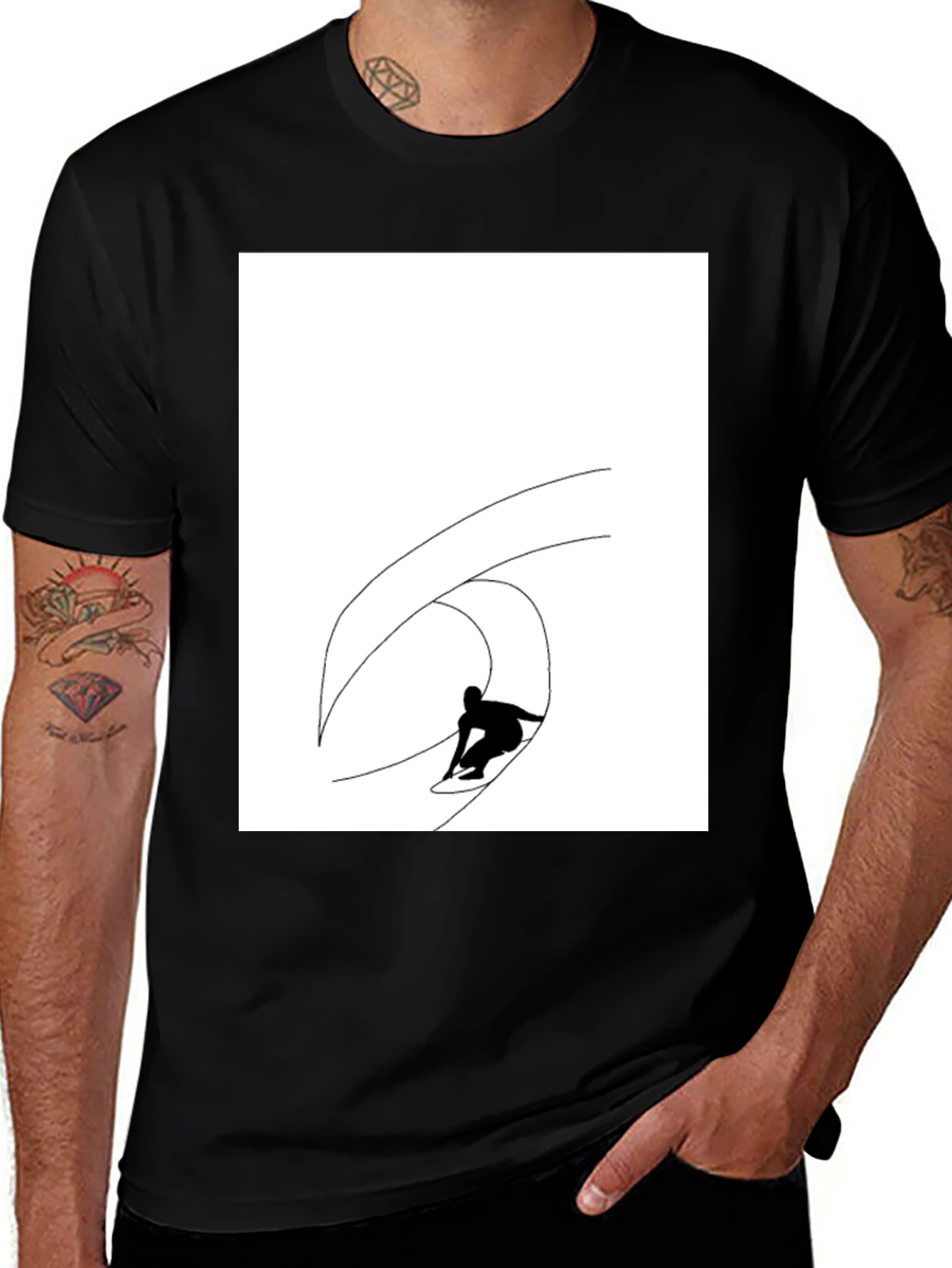 Black T-Shirt with Surfing Wave Graphic