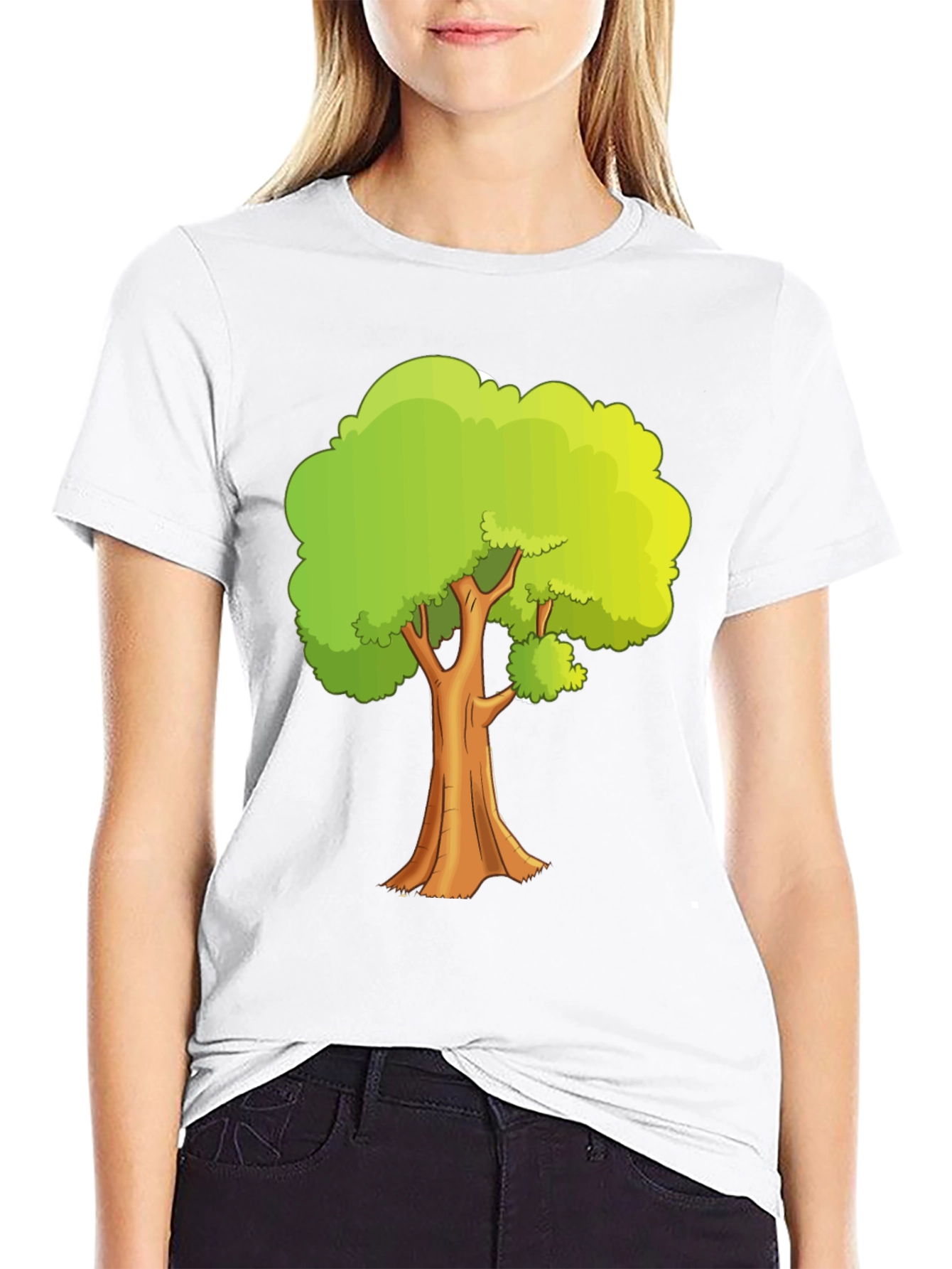 Cartoon Tree Graphic Tee - Black Cotton Casual Shirt
