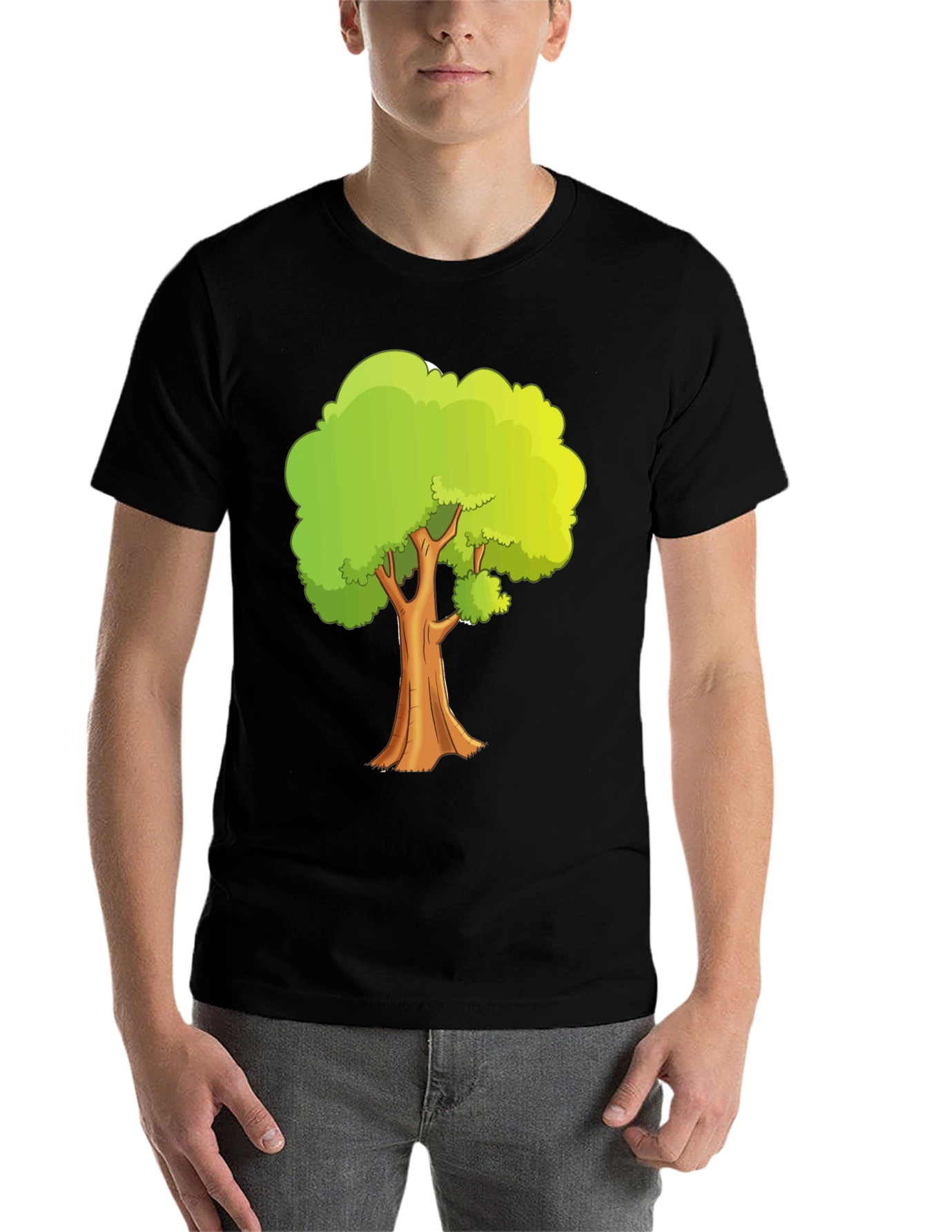 Cartoon Tree Graphic Tee - Black Cotton Casual Shirt