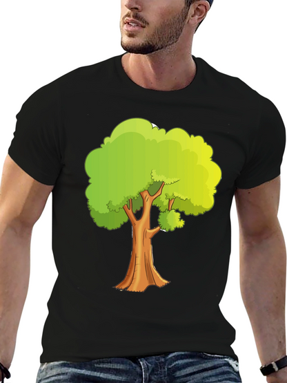 Cartoon Tree Graphic Tee - Black Cotton Casual Shirt