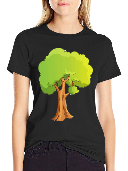Cartoon Tree Graphic Tee - Black Cotton Casual Shirt
