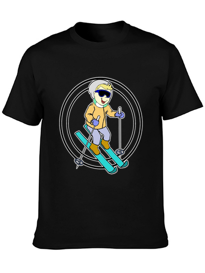 Cartoon Skier T-Shirt - Black Cotton Blend