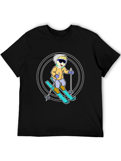 Cartoon Skier T-Shirt - Black Cotton Blend