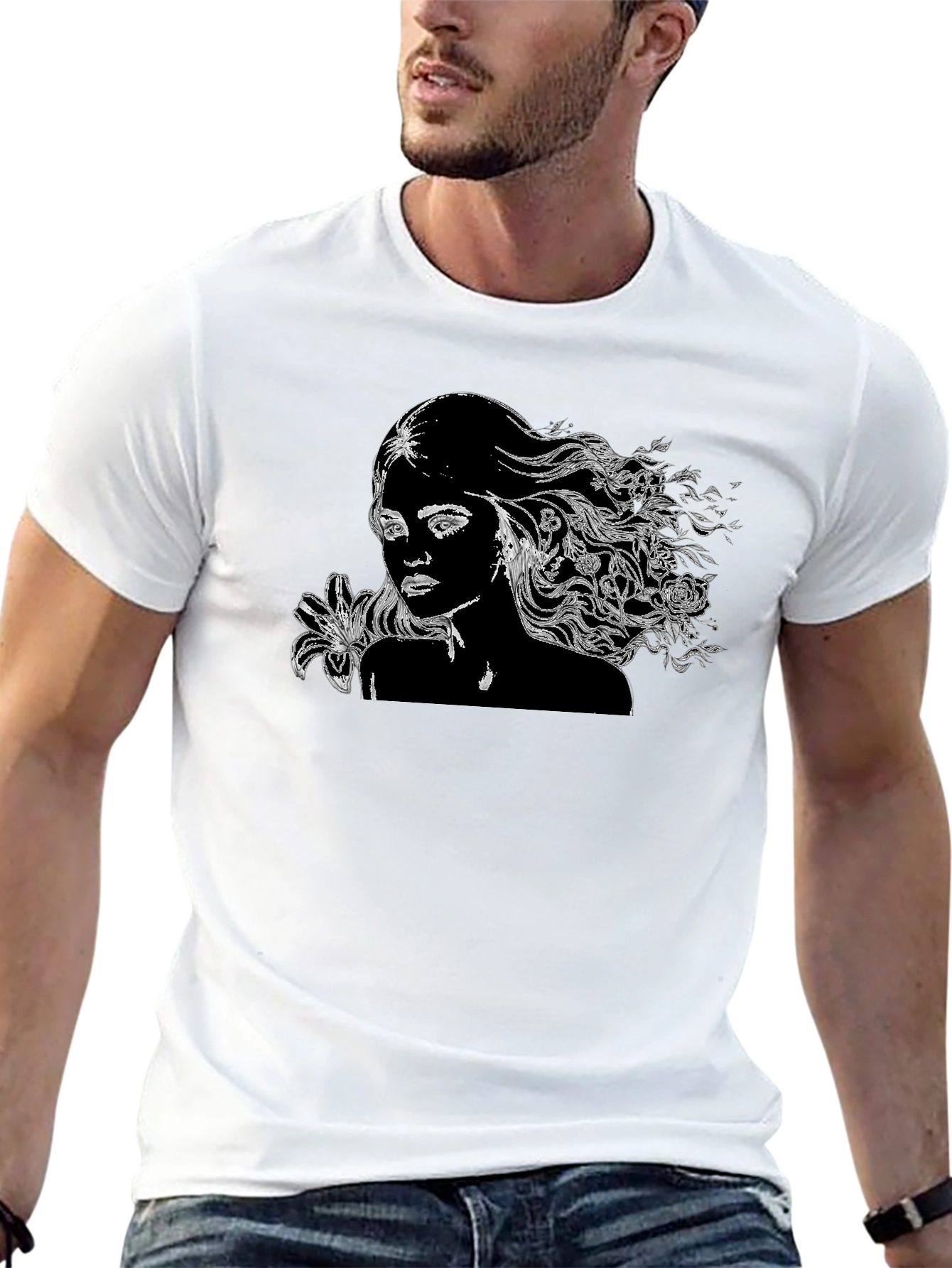 Black T-Shirt with Woman and Floral Design