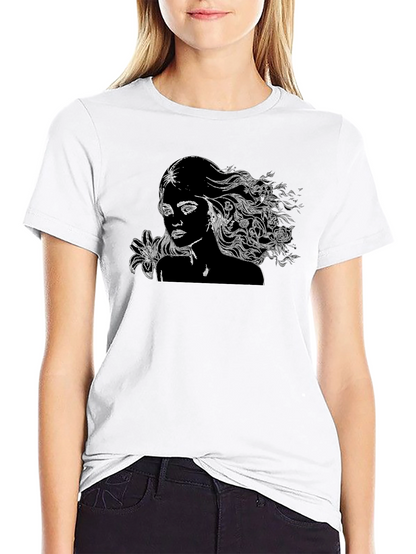 Black T-Shirt with Woman and Floral Design