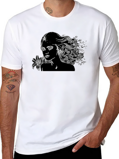 Black T-Shirt with Woman and Floral Design