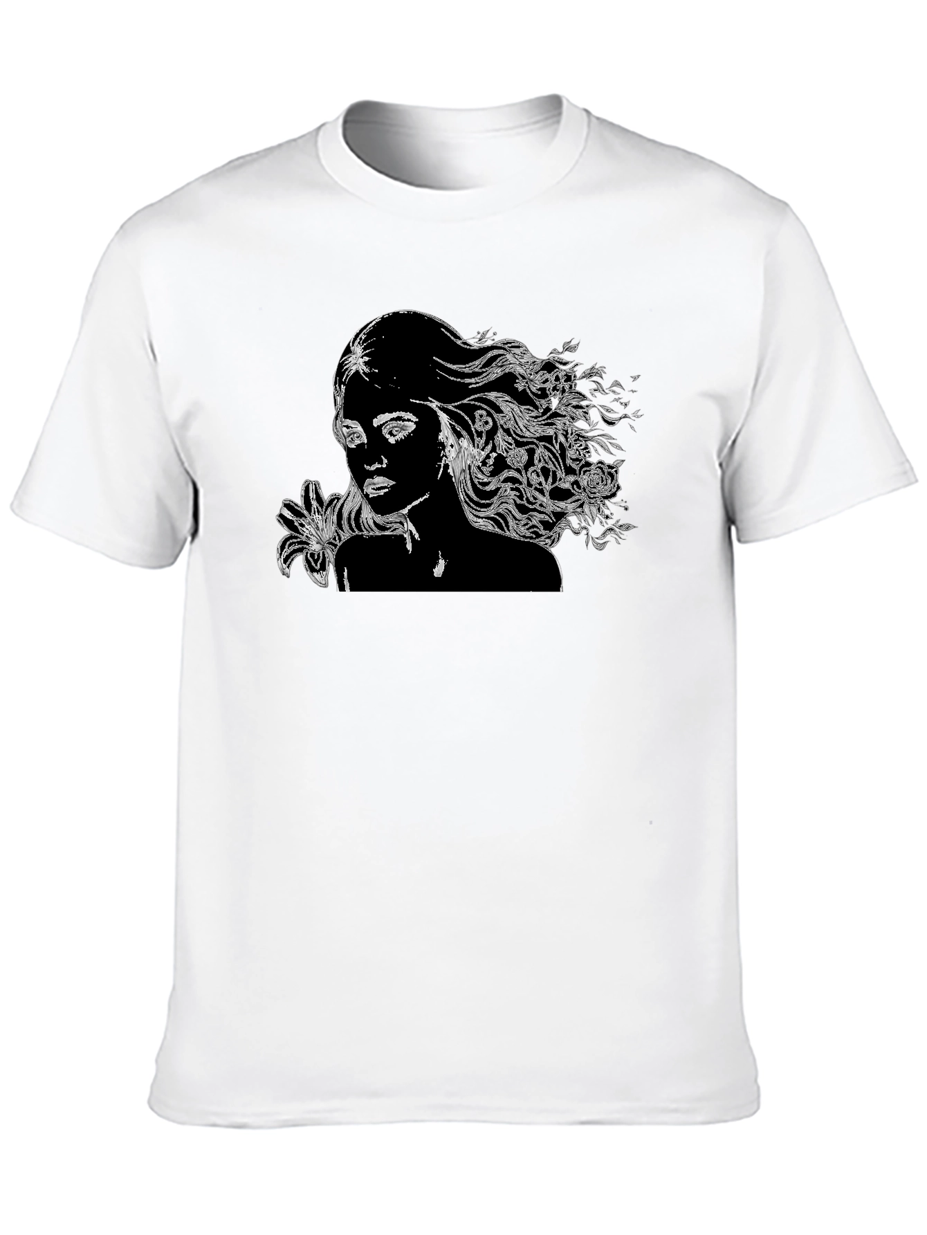 Black T-Shirt with Woman and Floral Design