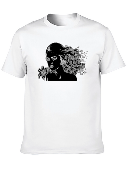 Black T-Shirt with Woman and Floral Design
