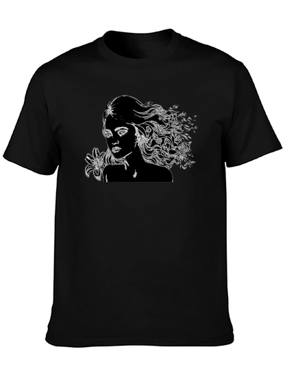 Black T-Shirt with Woman and Floral Design