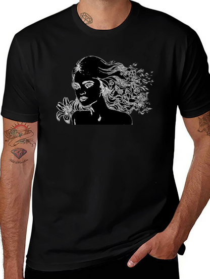 Black T-Shirt with Woman and Floral Design