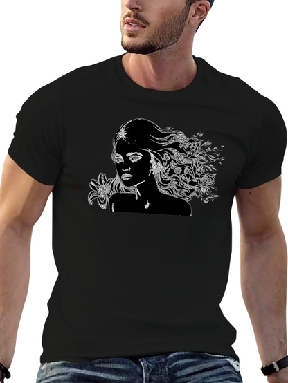 Black T-Shirt with Woman and Floral Design