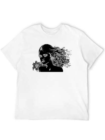 Black T-Shirt with Woman and Floral Design