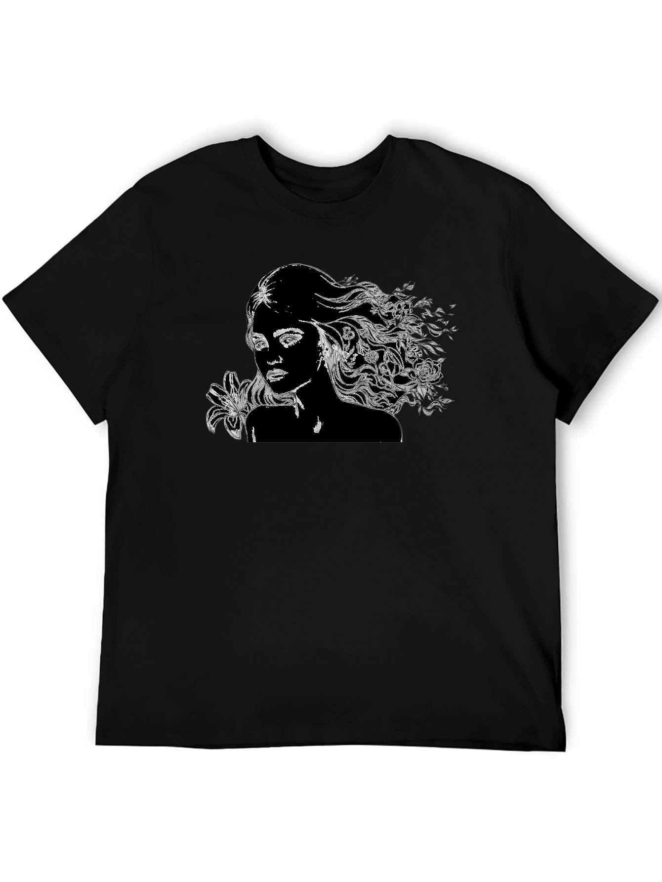 Black T-Shirt with Woman and Floral Design