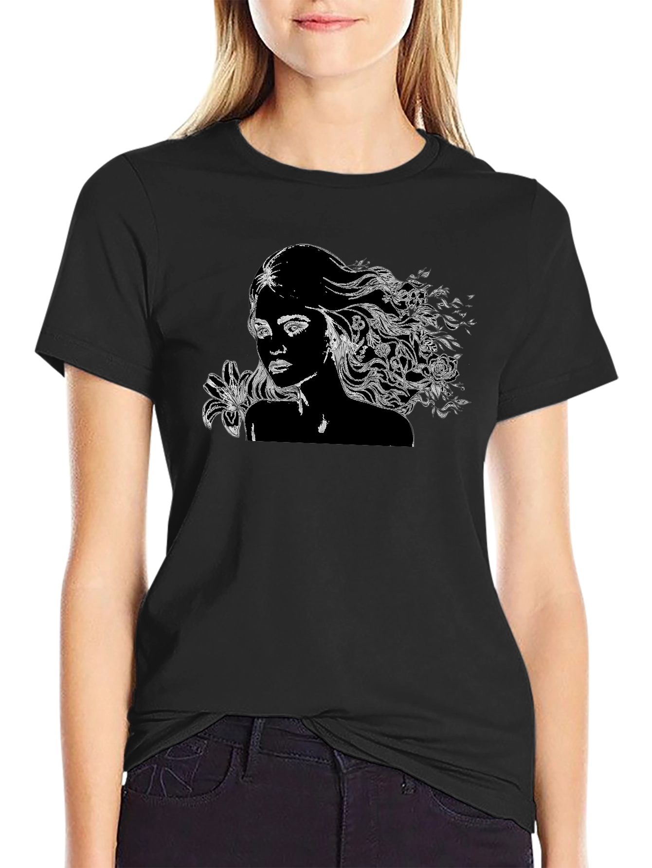 Black T-Shirt with Woman and Floral Design