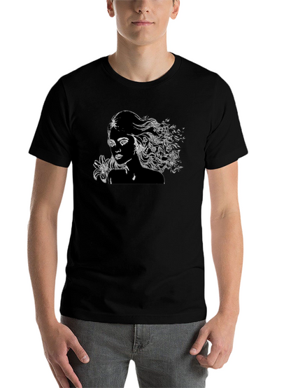 Black T-Shirt with Woman and Floral Design