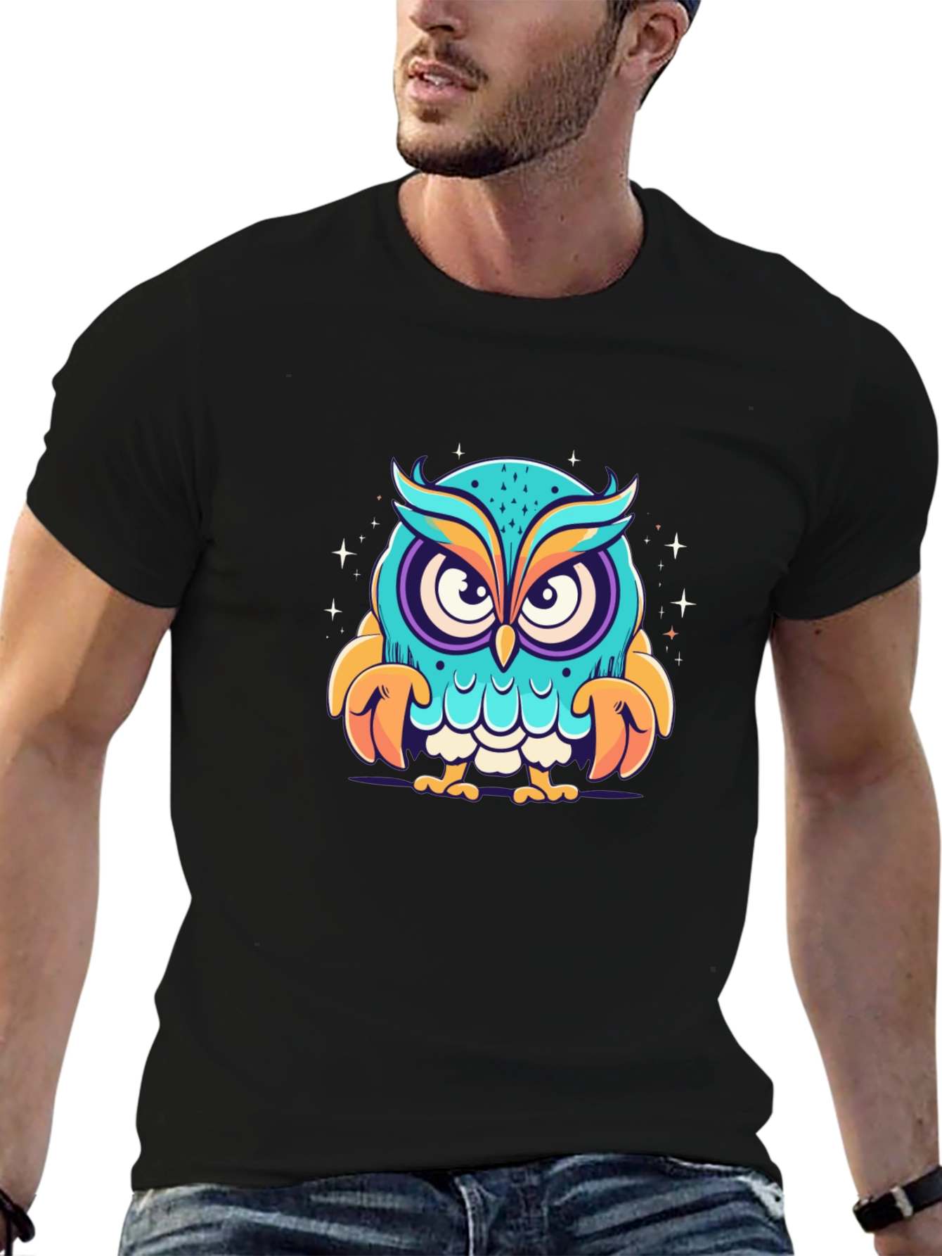 Cartoon Owl Graphic Black T-Shirt