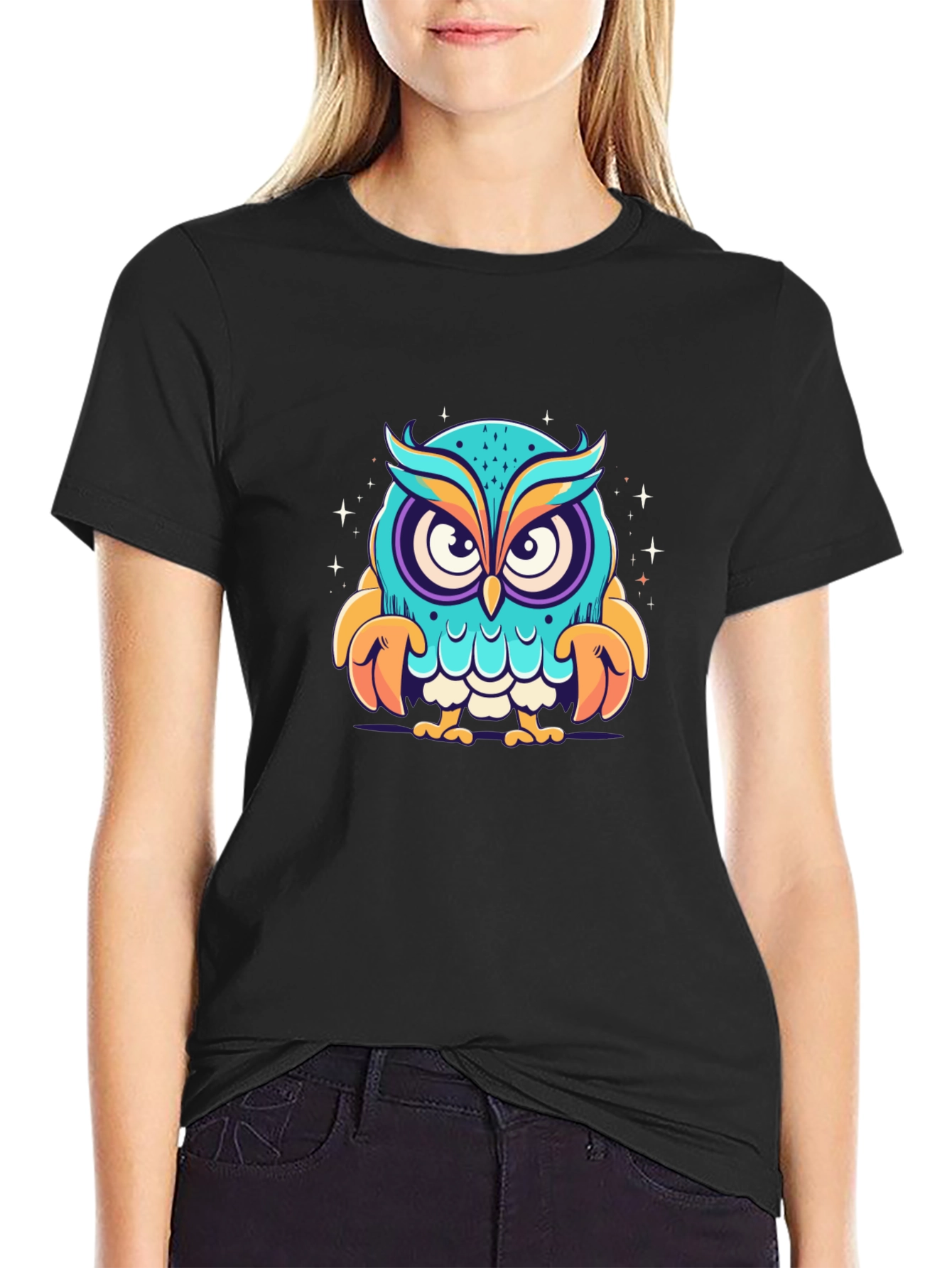 Cartoon Owl Graphic Black T-Shirt