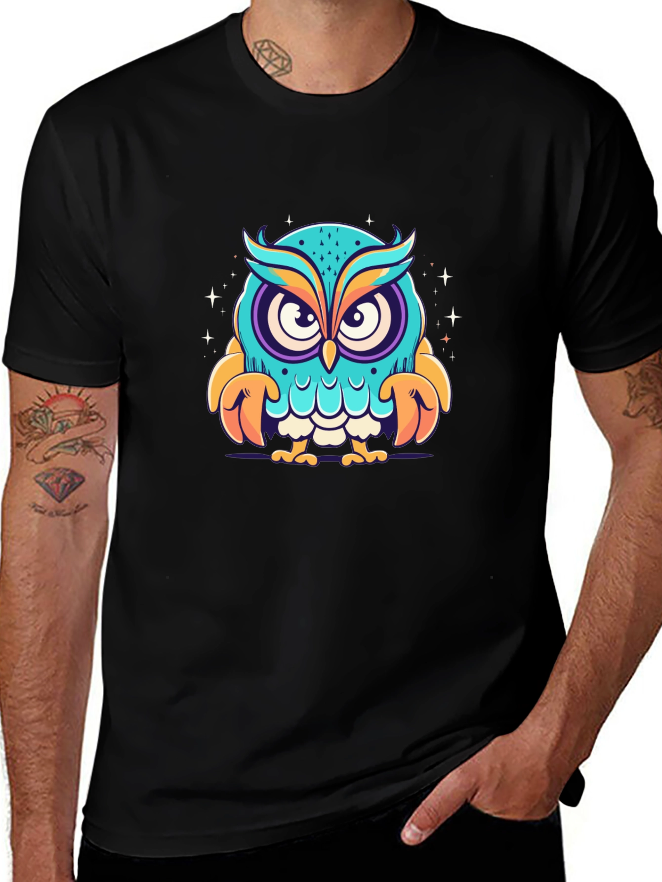 Cartoon Owl Graphic Black T-Shirt