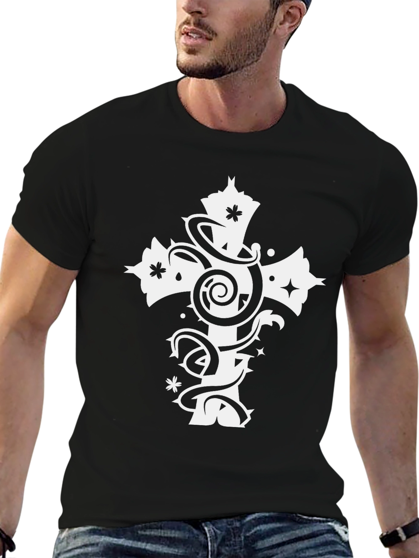 Black Tee with White Cross Graphic