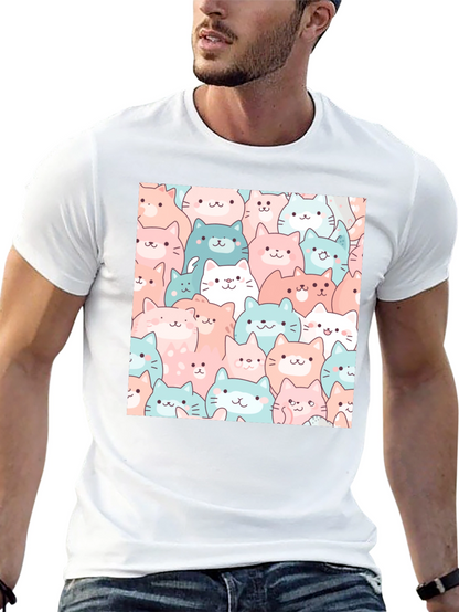 Cute Cats Pattern Black T-Shirt