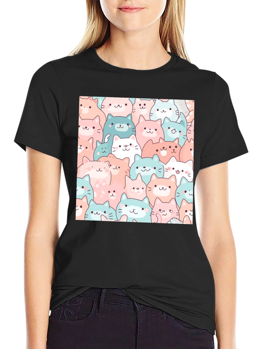 Cute Cats Pattern Black T-Shirt