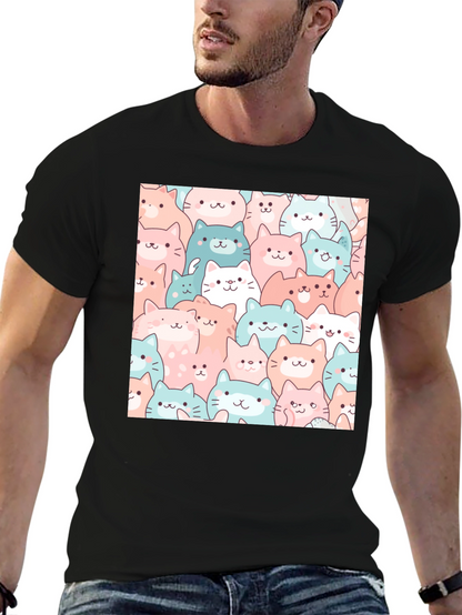 Cute Cats Pattern Black T-Shirt