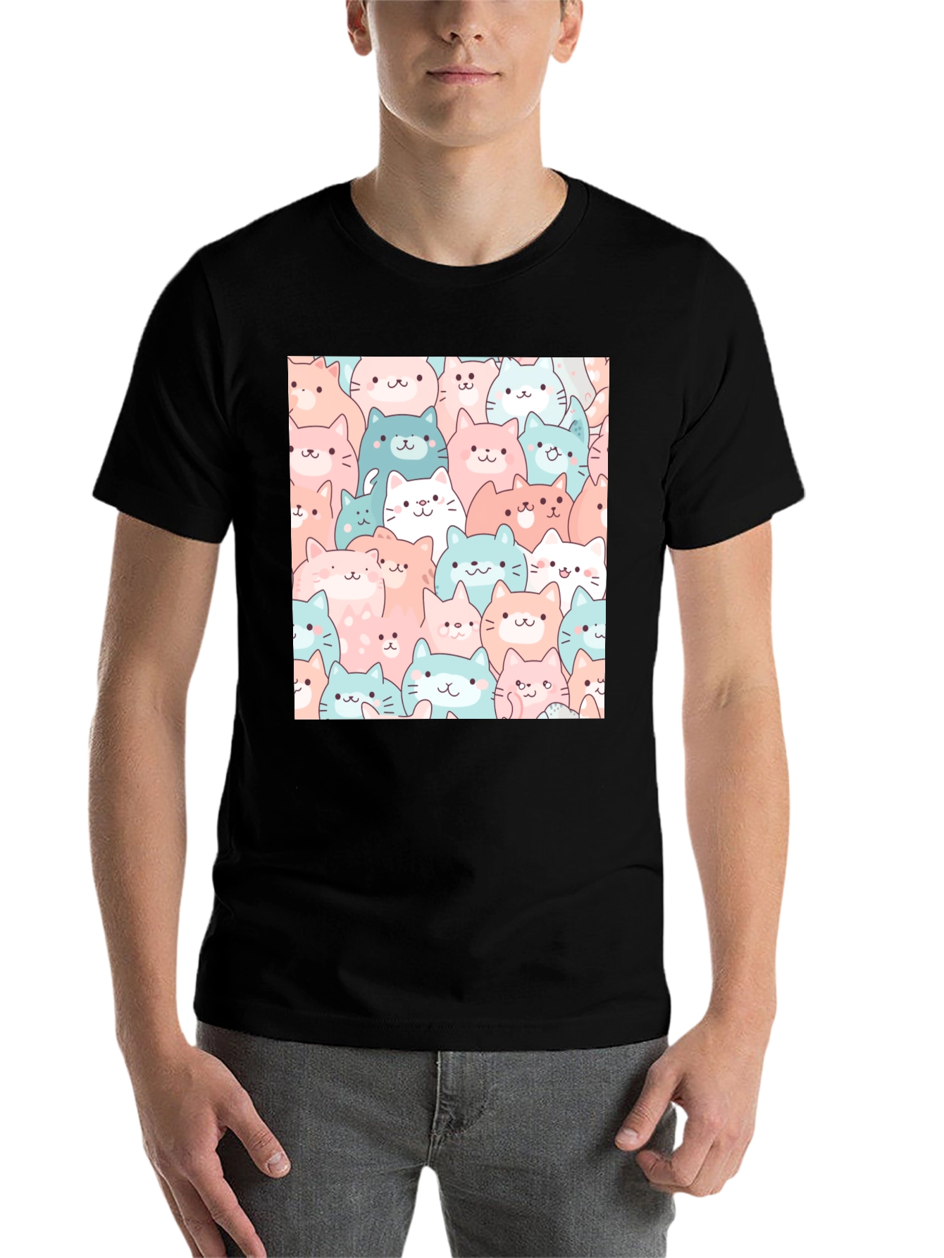 Cute Cats Pattern Black T-Shirt