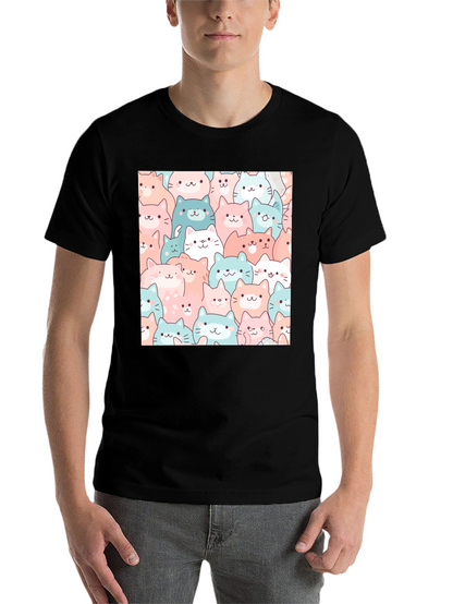 Cute Cats Pattern Black T-Shirt